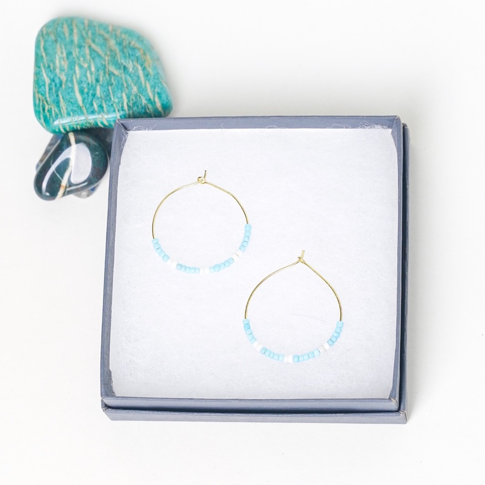 Seed Bead Hoop Earrings Handmade Light Blue & White Brass Gold with Gift Box